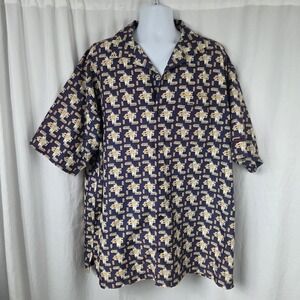 FUBU Shirt Mens 2XL Navy Allover Logo Button Up Short Sleeve Streetwear Graphic